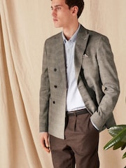 Taupe Brown Double Breasted Slim Nova Fides Check Blazer - Image 3 of 13