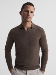 Reiss Mouse Melange Milburn Merino Wool Open Collar Polo Shirt - Image 1 of 6