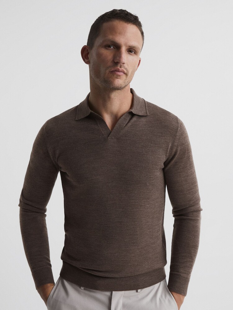 Reiss Mouse Melange Milburn Merino Wool Open Collar Polo Shirt - Image 1 of 6 Reiss Mouse Melange Milburn Merino Wool Open Collar Polo Shirt - Image 1 of 6