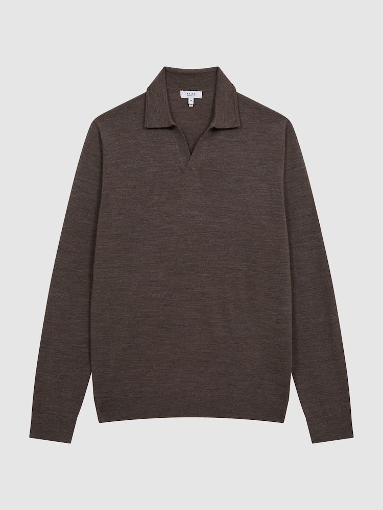 Reiss Mouse Melange Milburn Merino Wool Open Collar Polo Shirt - Image 2 of 6