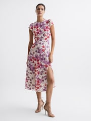Reiss Pink/Purple Livia Printed Cut Out Back Midi Dress - Image 1 of 6