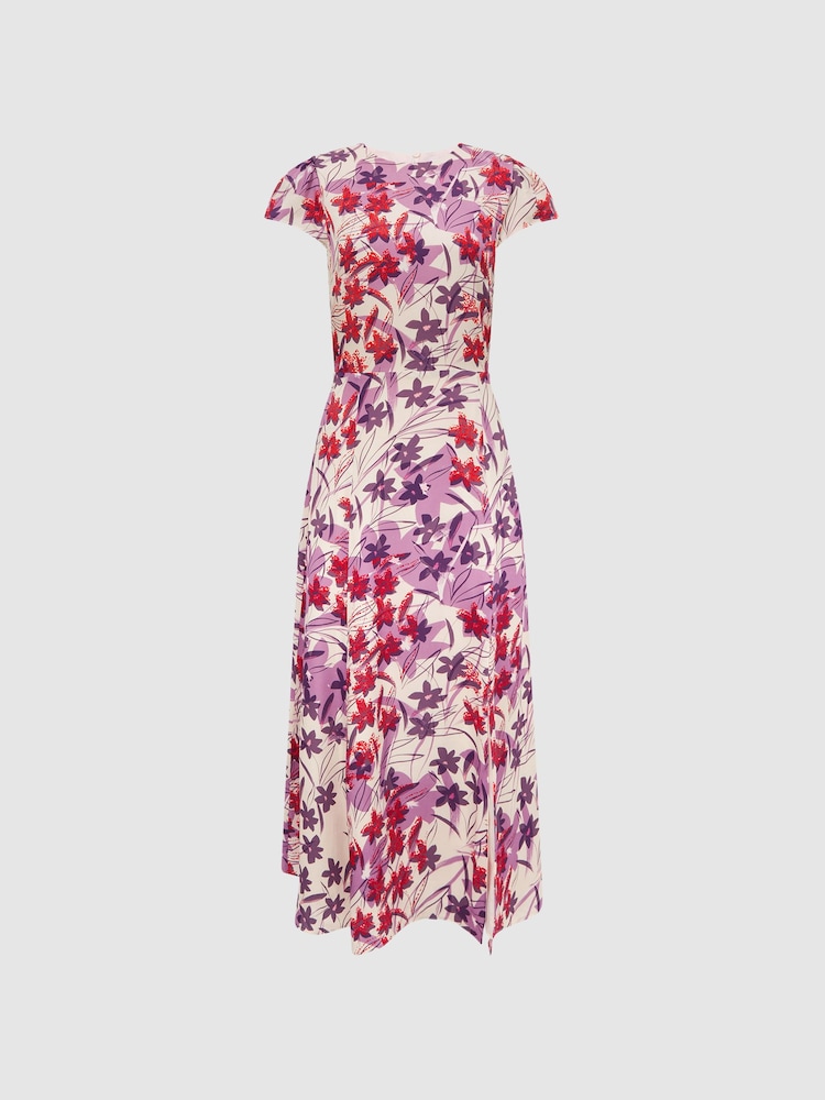 Reiss Pink/Purple Livia Printed Cut Out Back Midi Dress - Image 2 of 6