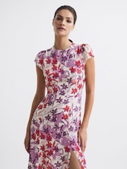 Reiss Pink/Purple Livia Printed Cut Out Back Midi Dress - Image 3 of 6