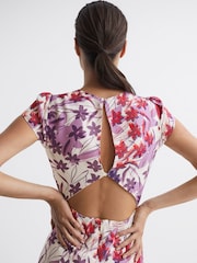Reiss Pink/Purple Livia Printed Cut Out Back Midi Dress - Image 6 of 6