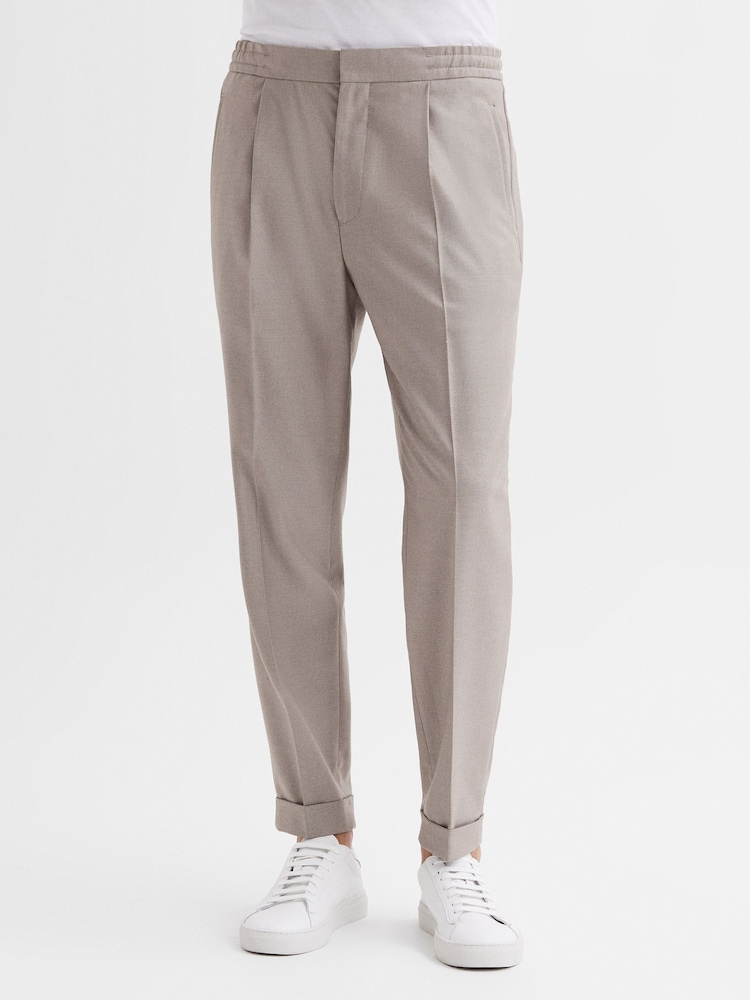 Reiss Oatmeal Melange Brighton Relaxed Drawstring Trousers with Turn-Ups - Image 1 of 7