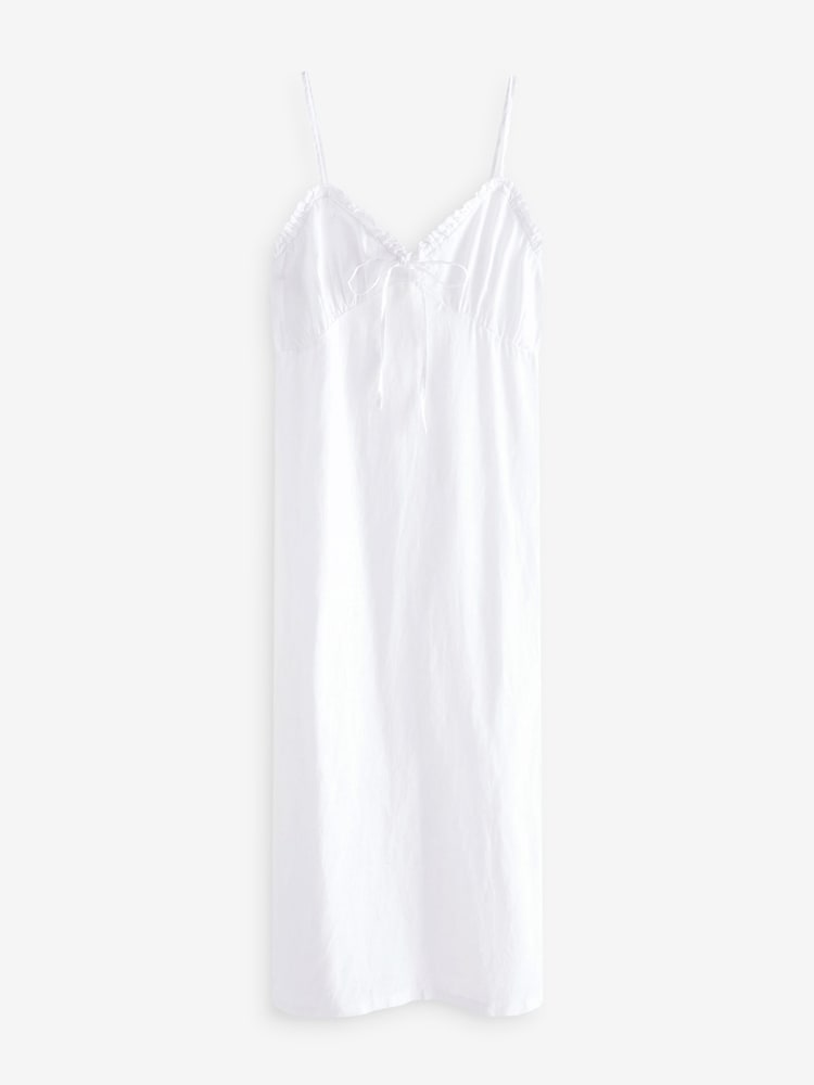 White Rochelle 100% Linen Ruffle Midi Summer Dress - Image 1 of 4