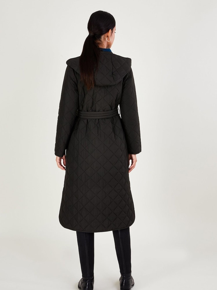Monsoon Black Quilted Hooded Longline Quinn Coat In Recycled Polyester - Image 2 of 3