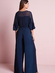 Navy Blue Woven Mix Short Sleeve Jumpsuit - Image 2 of 5