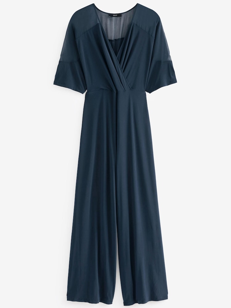 Navy Blue Woven Mix Short Sleeve Jumpsuit - Image 5 of 5