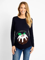 JoJo Maman Bébé Navy Blue Christmas Pudding Maternity Top - Image 1 of 4