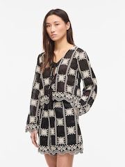 VILA Black Embroidered Pointelle Pattern Long Sleeve V-Neck Tie Top - Image 1 of 5