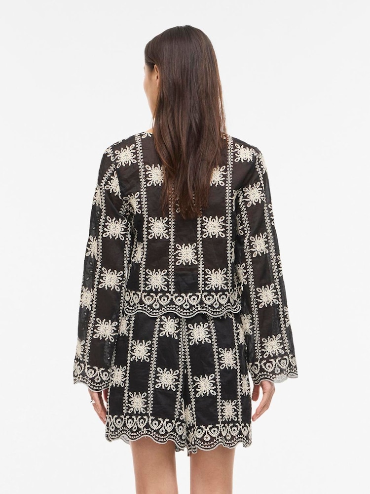 VILA Black Embroidered Pointelle Pattern Long Sleeve V-Neck Tie Top - Image 2 of 5