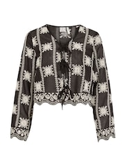 VILA Black Embroidered Pointelle Pattern Long Sleeve V-Neck Tie Top - Image 4 of 5