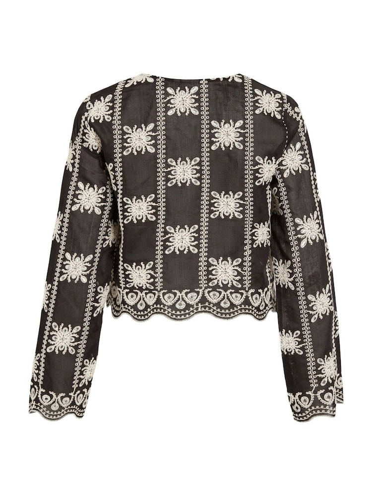 VILA Black Embroidered Pointelle Pattern Long Sleeve V-Neck Tie Top - Image 5 of 5