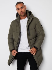 Threadbare Khaki Showerproof Hooded Waterproof Longline Puffer Coat - Image 1 of 4