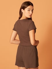 Brown Short Sleeve Lettuce Edge Frilled Ribbed Top - Image 3 of 5