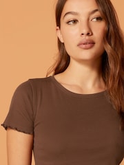 Brown Short Sleeve Lettuce Edge Frilled Ribbed Top - Image 4 of 5