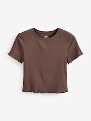 Brown Short Sleeve Lettuce Edge Frilled Ribbed Top - Image 5 of 5