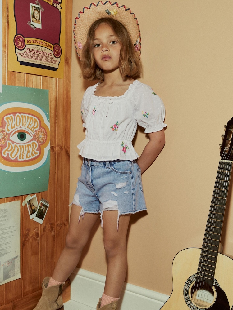 White Embroidered Ruched Blouse (3-16yrs) - Image 1 of 5 White Embroidered Ruched Blouse (3-16yrs) - Image 1 of 5