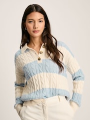 Joules Love All Blue Cable Knit Jumper with Button Collar - Image 1 of 6