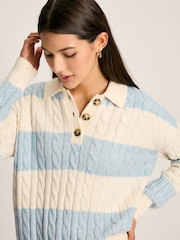 Joules Love All Blue Cable Knit Jumper with Button Collar - Image 5 of 6