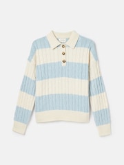 Joules Love All Blue Cable Knit Jumper with Button Collar - Image 6 of 6