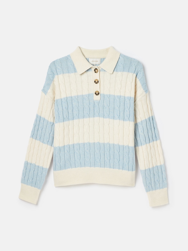 Joules Love All Blue Cable Knit Jumper with Button Collar - Image 6 of 6
