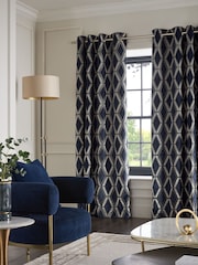 Navy Blue Collection Luxe Heavyweight Geometric Cut Velvet Blackout/Thermal Eyelet Curtains - Image 3 of 7