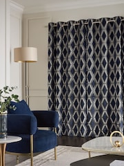 Navy Blue Collection Luxe Heavyweight Geometric Cut Velvet Blackout/Thermal Eyelet Curtains - Image 4 of 7