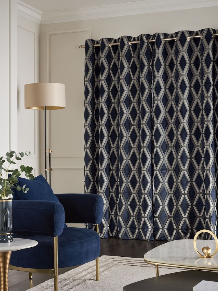Navy Blue Collection Luxe Heavyweight Geometric Cut Velvet Blackout/Thermal Eyelet Curtains - Image 4 of 7