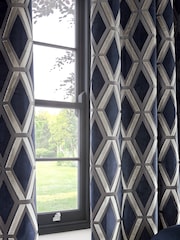 Navy Blue Collection Luxe Heavyweight Geometric Cut Velvet Blackout/Thermal Eyelet Curtains - Image 5 of 7