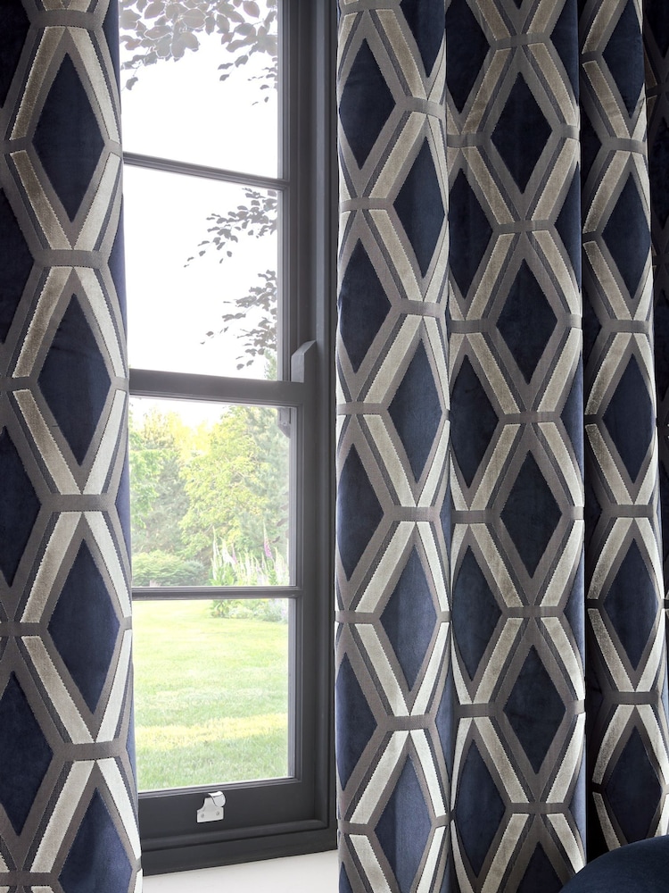 Navy Blue Collection Luxe Heavyweight Geometric Cut Velvet Blackout/Thermal Eyelet Curtains - Image 5 of 7