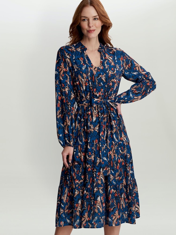 Gina Bacconi Blue Lulia V Neck Button Front Dress With Tiered Skirt - Image 1 of 5