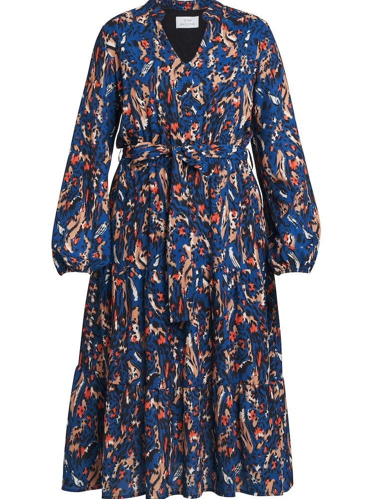 Gina Bacconi Blue Lulia V Neck Button Front Dress With Tiered Skirt - Image 5 of 5