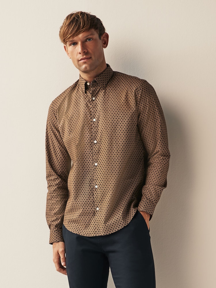 Black/Gold Stretch Oxford Printed Long Sleeve Shirt - Image 1 of 7