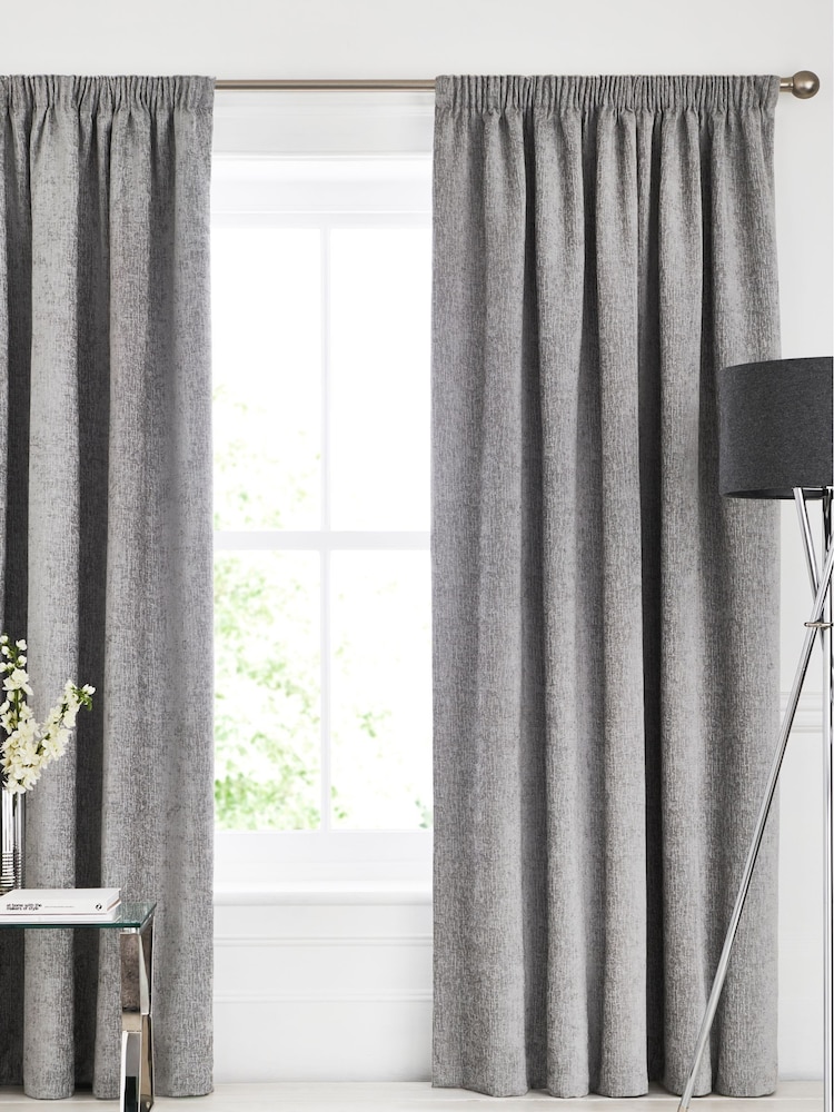 Grey Silver Heavyweight Chenille Pencil Pleat Super Thermal Curtains - Image 1 of 6