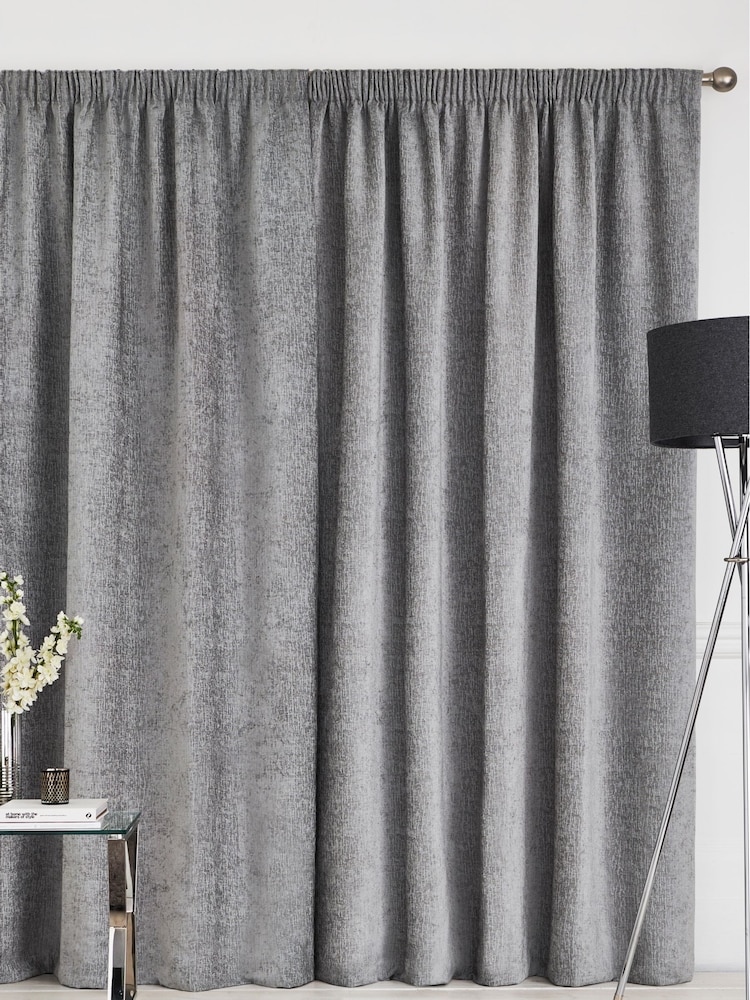Grey Silver Heavyweight Chenille Pencil Pleat Super Thermal Curtains - Image 2 of 6