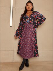 Chi Chi London Black Curve Long Sleeve Plunge Floral Printed Midi Dress - Image 1 of 5