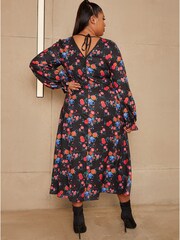 Chi Chi London Black Curve Long Sleeve Plunge Floral Printed Midi Dress - Image 2 of 5