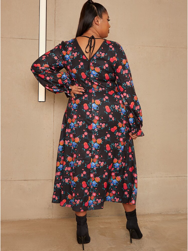 Chi Chi London Black Curve Long Sleeve Plunge Floral Printed Midi Dress - Image 2 of 5
