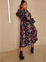 Chi Chi London Black Curve Long Sleeve Plunge Floral Printed Midi Dress - Image 3 of 5