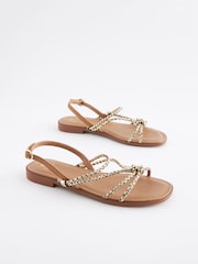 Tan/Gold Forever Comfort® Leather Flat Tubular Plaited Sandals - Image 3 of 7