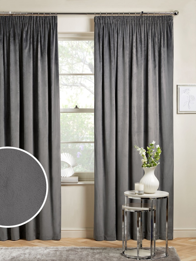 Grey Charcoal Matte Velvet Pencil Pleat Super Thermal Curtains - Image 1 of 8