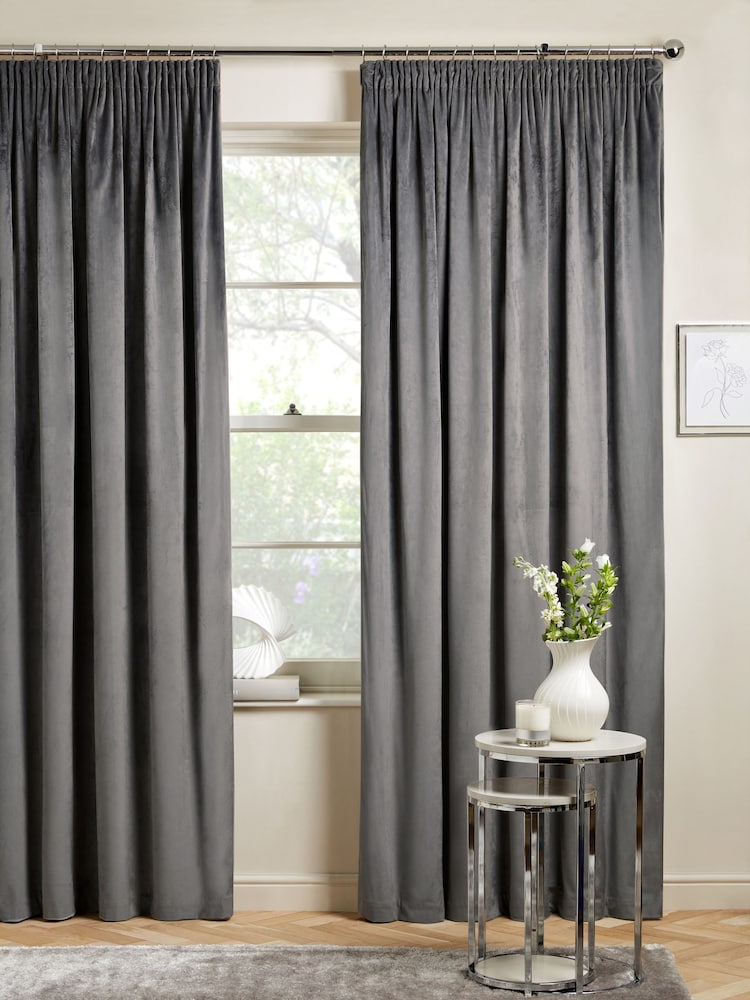 Grey Charcoal Matte Velvet Pencil Pleat Super Thermal Curtains - Image 2 of 8