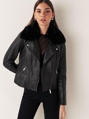Urban Code Black Leather Biker With Removable Faux Fur Collar Jacket - Image 1 of 8