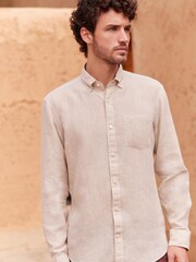 Neutral Brown Slim Fit Single Cuff Signature Baird McNutt Irish 100% Linen Trimmed Shirt - Image 1 of 6