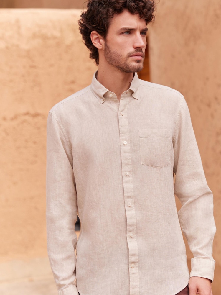 Neutral Brown Slim Fit Single Cuff Signature Baird McNutt Irish 100% Linen Trimmed Shirt - Image 1 of 6