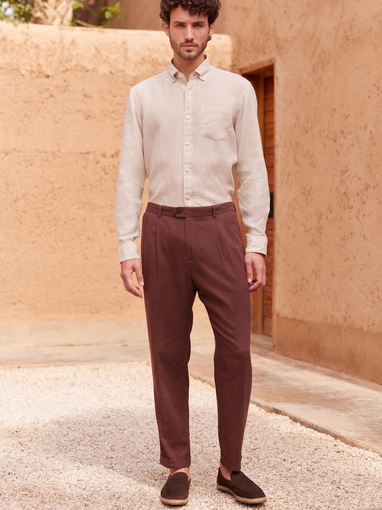 Neutral Brown Slim Fit Single Cuff Signature Baird McNutt Irish 100% Linen Trimmed Shirt - Image 2 of 6