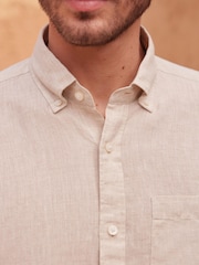 Neutral Brown Slim Fit Single Cuff Signature Baird McNutt Irish 100% Linen Trimmed Shirt - Image 4 of 6