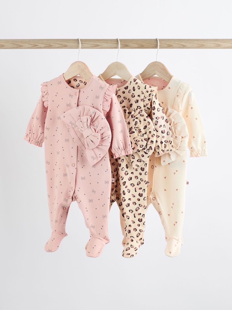 Pink Baby 100% Cotton Sleepsuits 3 Pack with Matching Turban (0mths-2yrs) - Image 1 of 8